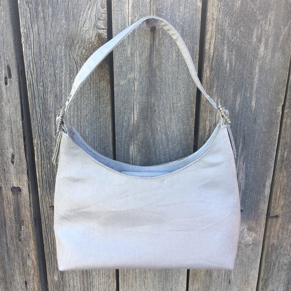 Jessica McClintock Vintage Silver Satin Mini Hobo Evening Bag